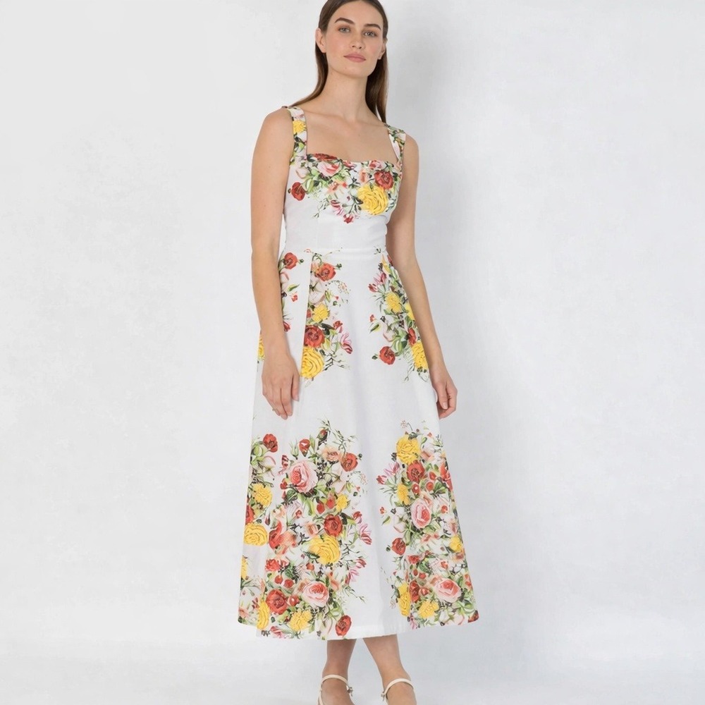 Damaris Bailey‎ Floral Cotton Silk Midi Dress White Pink Yellow Size S